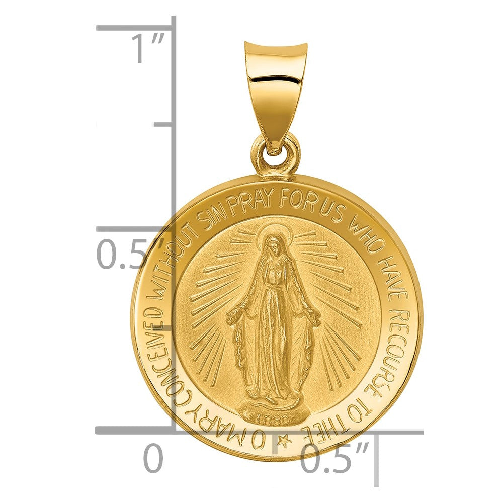 14k Polished and Satin Miraculous Medal Hollow Pendant
