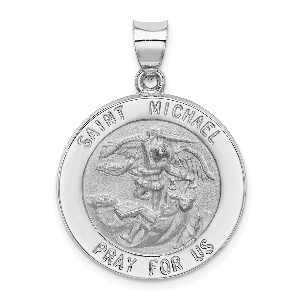 14k White Gold Polished/Satin St Michael Medal Hollow Pendant