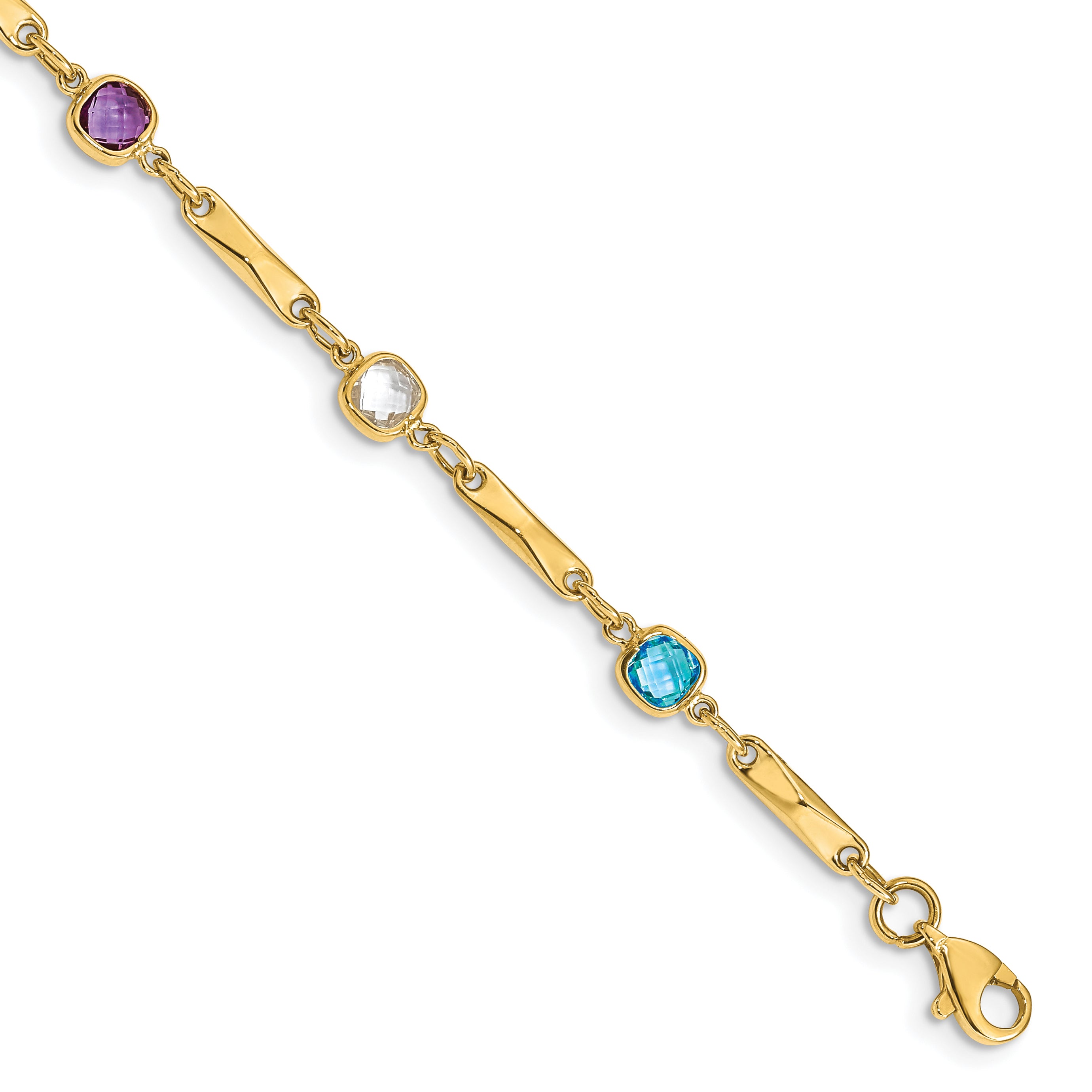 14K Complete Cushion-cut Sky Blue Topaz/White Quartz/Smoky Quartz/Amethyst/Citrine Fancy Link 7 inch Rainbow Bracelet