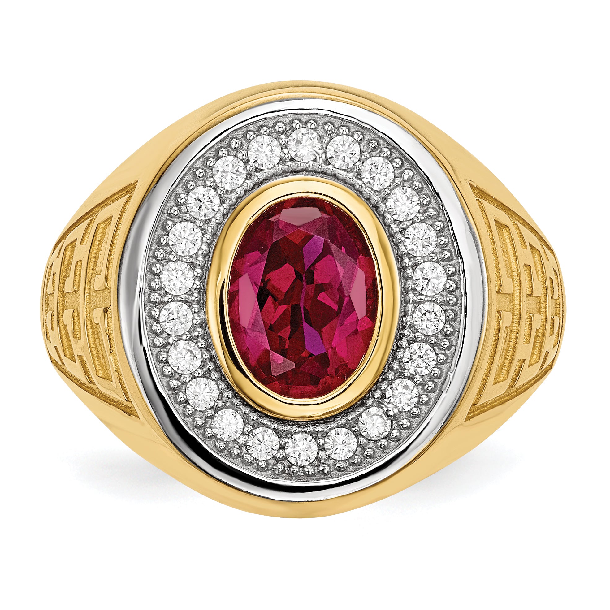 14k w/ Rhodium CZ & Oval Red CZ Mens Ring