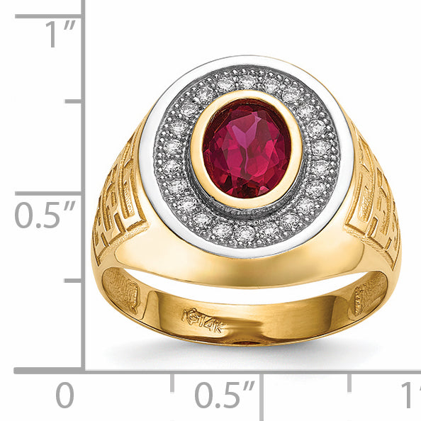 14k w/ Rhodium CZ & Oval Red CZ Mens Ring