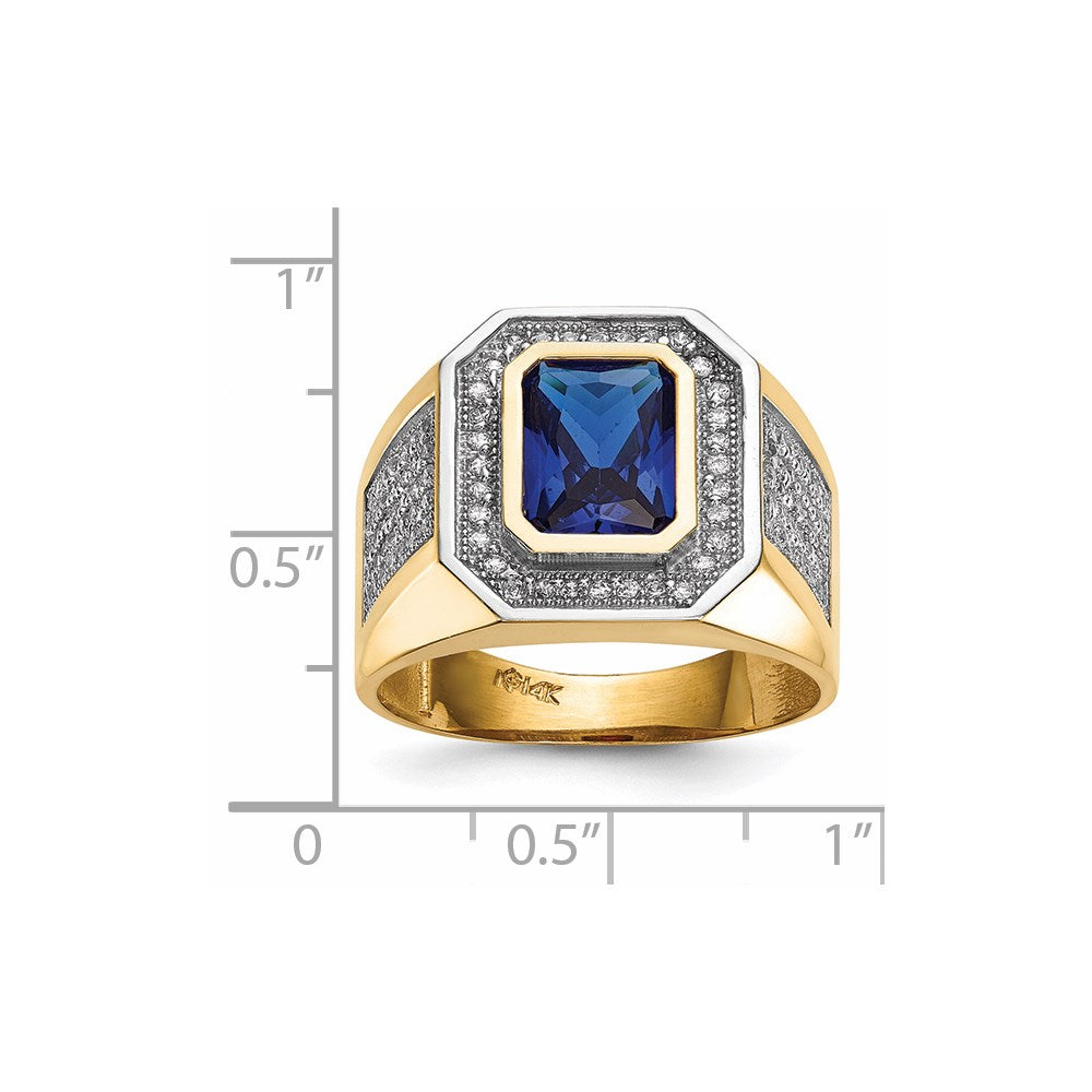 14k w/ Rhodium CZ & Emerald-cut Blue CZ Mens Ring
