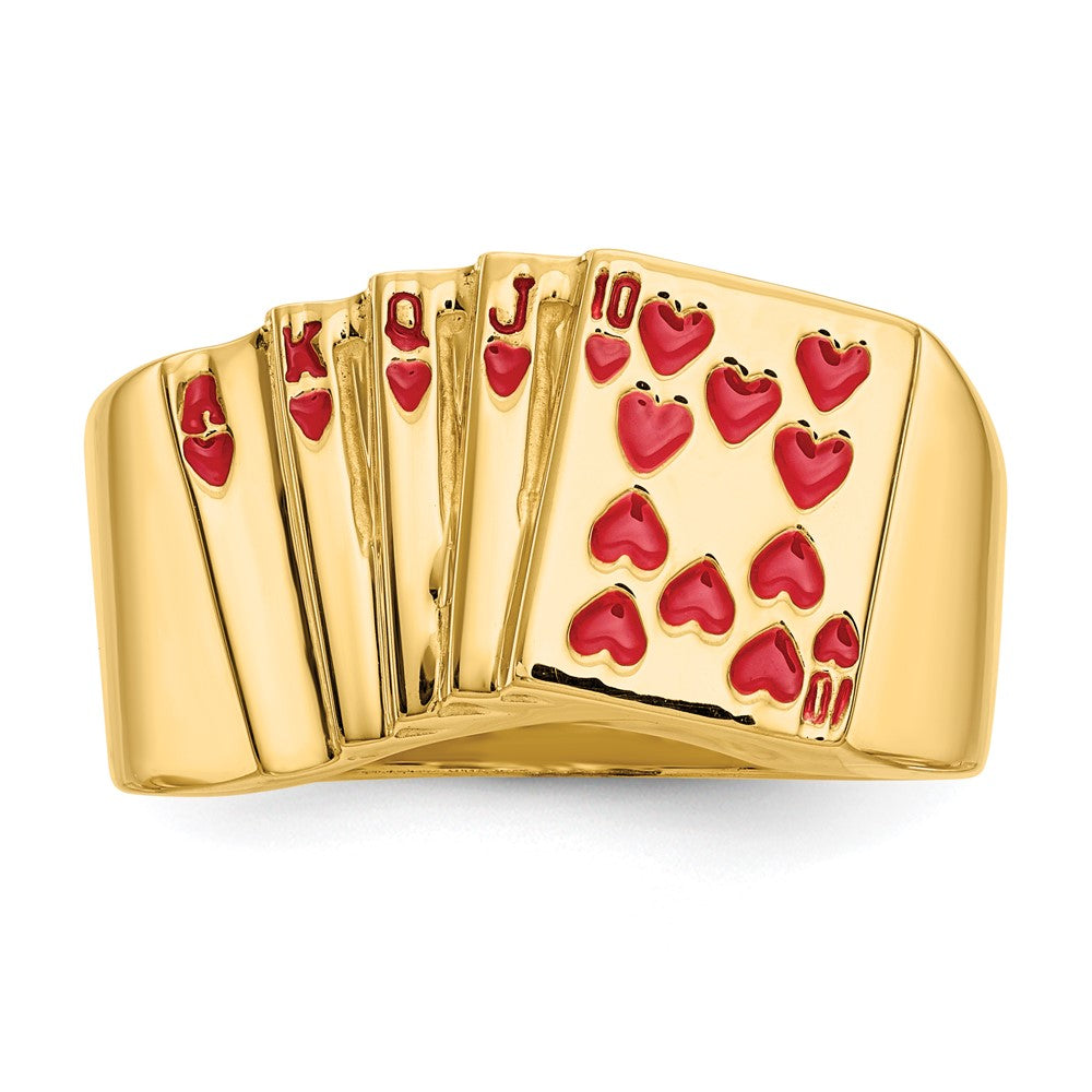 14k Enameled Royal Flush in Hearts Mens Ring