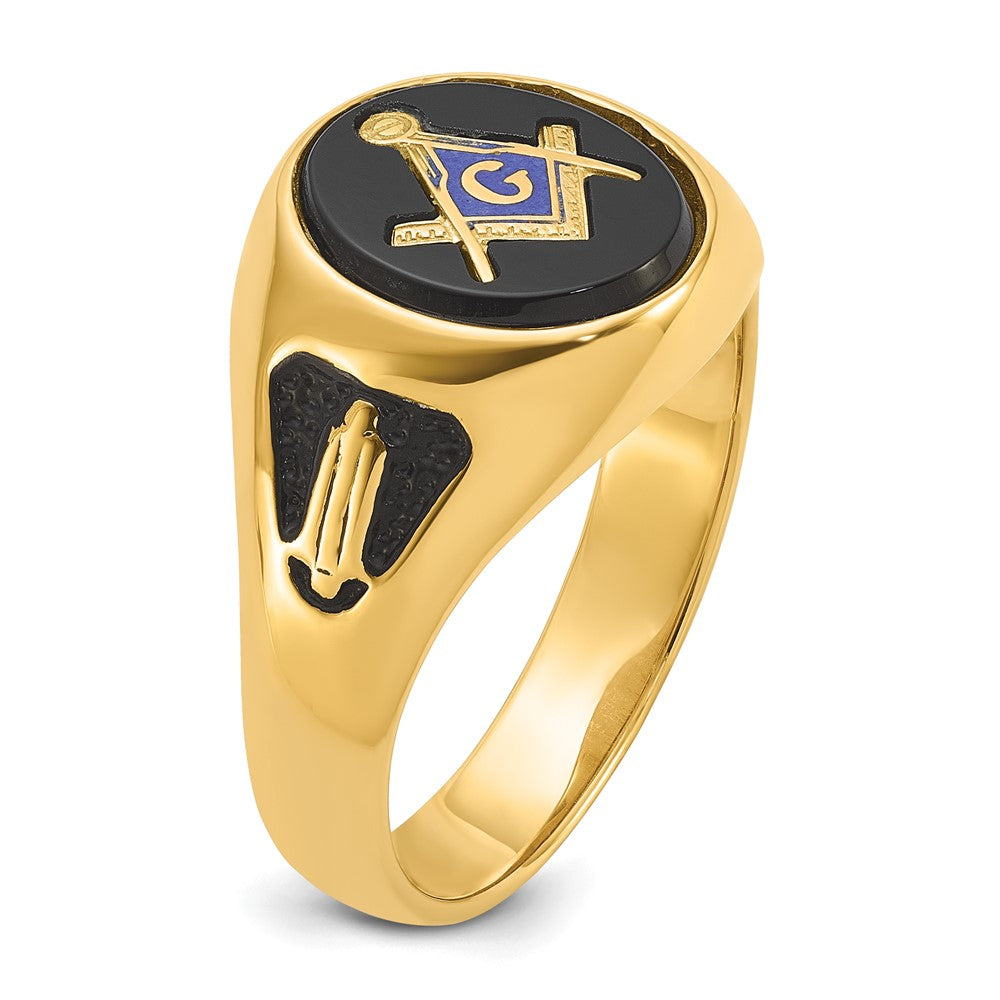 14k Men's Polished and Textured with Black Enamel and Oval Onyx Masonic Ring
