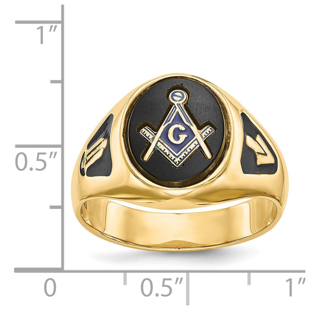 14k Men's Polished and Textured with Black Enamel and Oval Onyx Masonic Ring