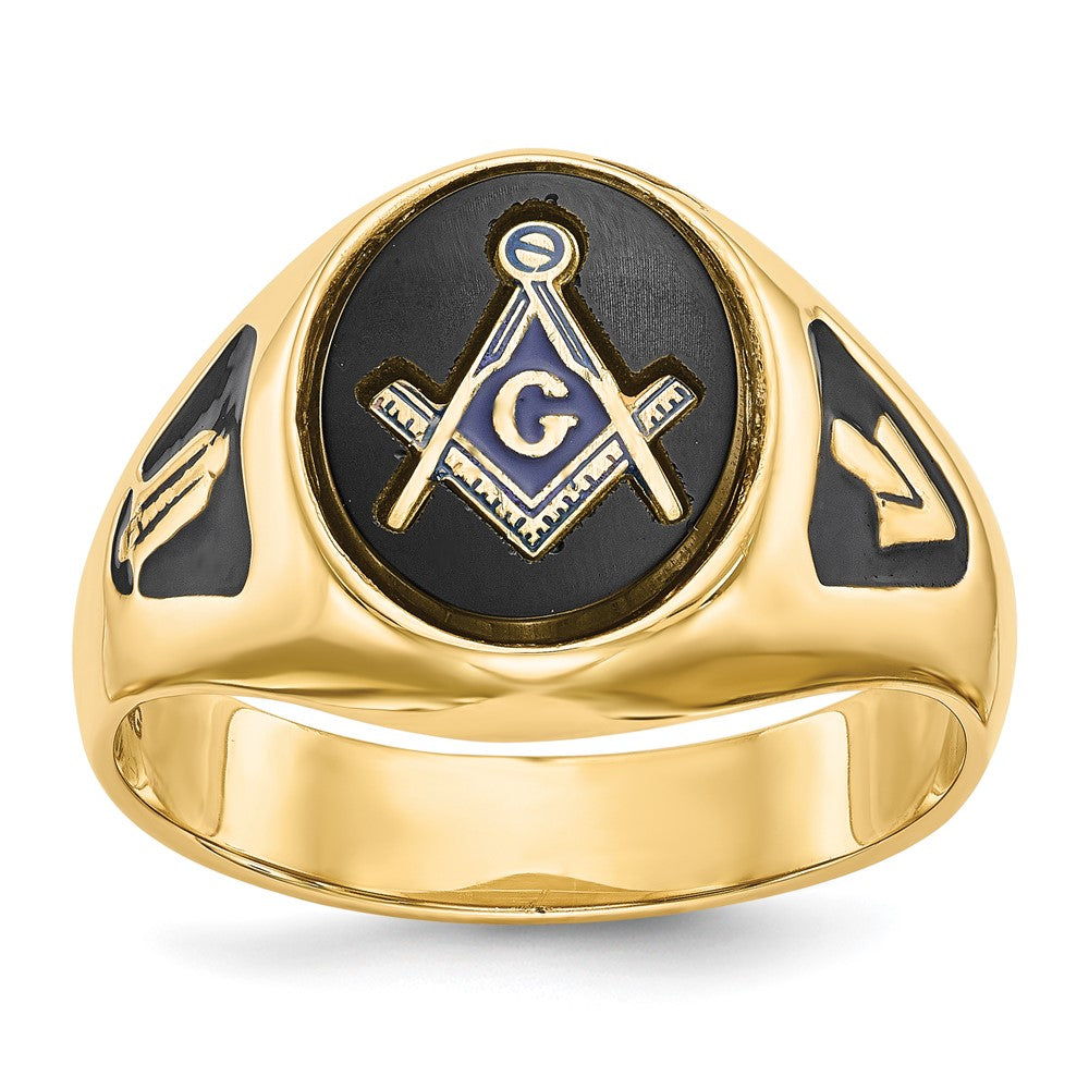 14k Men's Polished and Textured with Black Enamel and Oval Onyx Masonic Ring