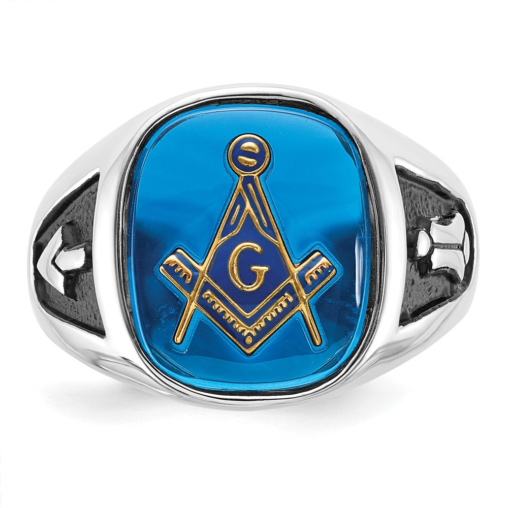 14k White Gold Men's Polished and Textured with Black Enamel and Imitation Blue Spinel Masonic Ring