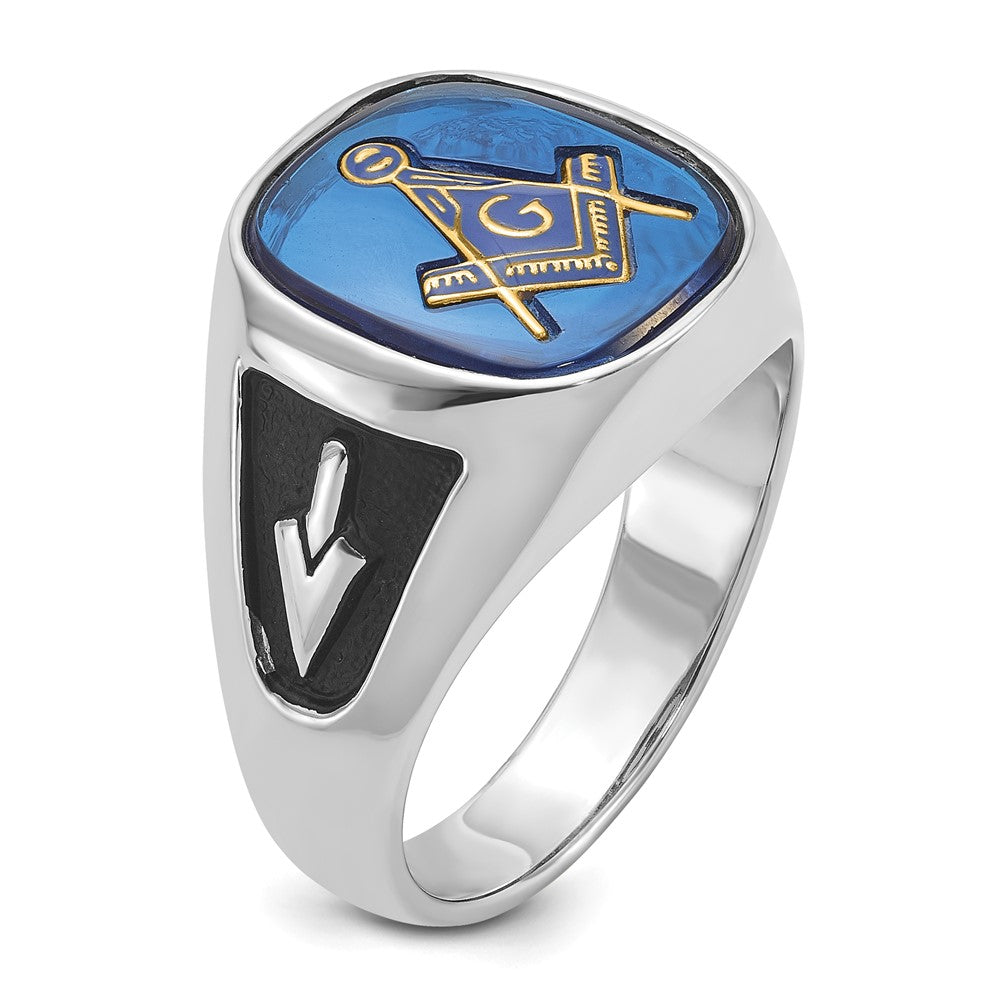 14k White Gold Men's Polished and Textured with Black Enamel and Imitation Blue Spinel Masonic Ring