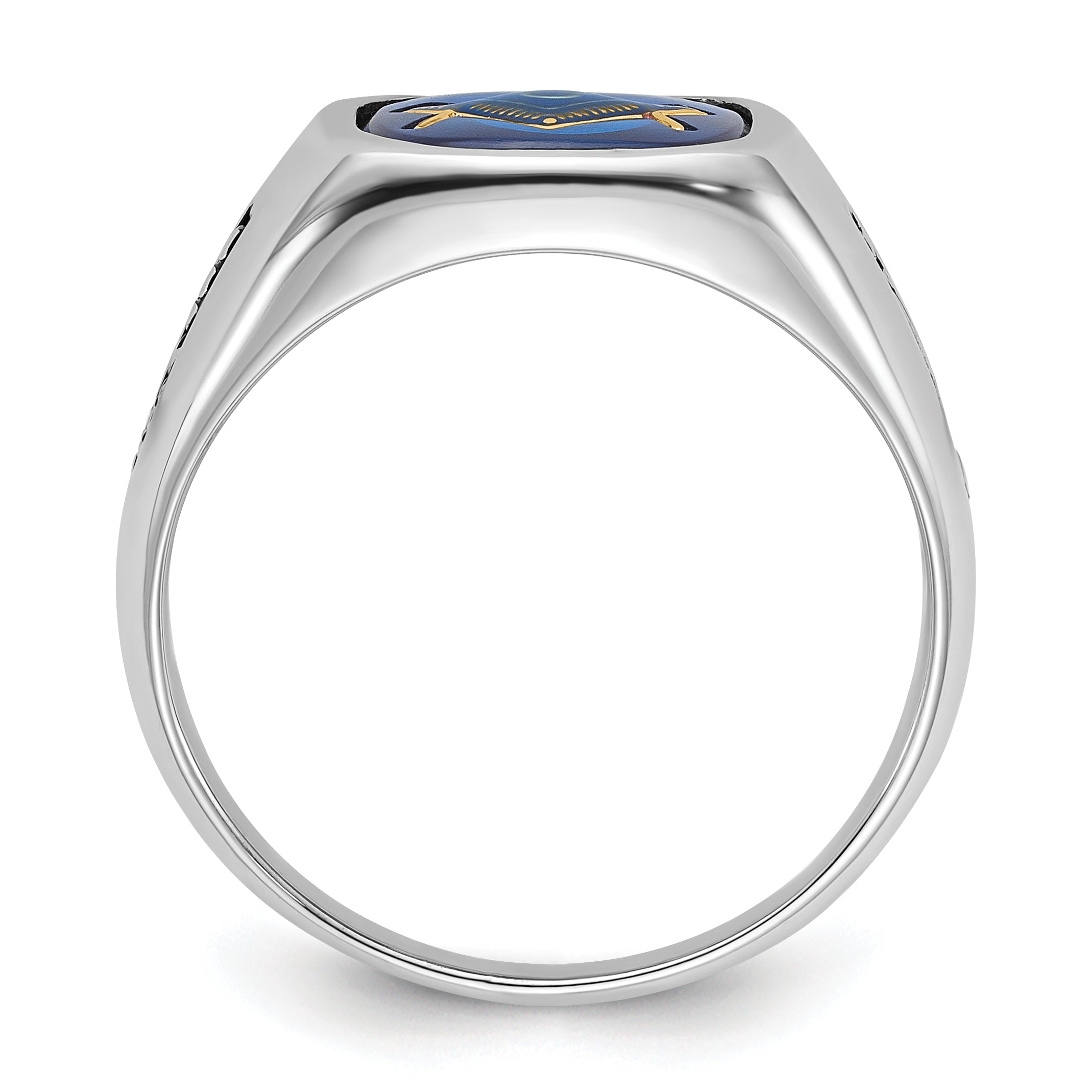 14k White Gold Men's Polished and Grooved with Black Enamel and Imitation Blue Spinel Masonic Ring