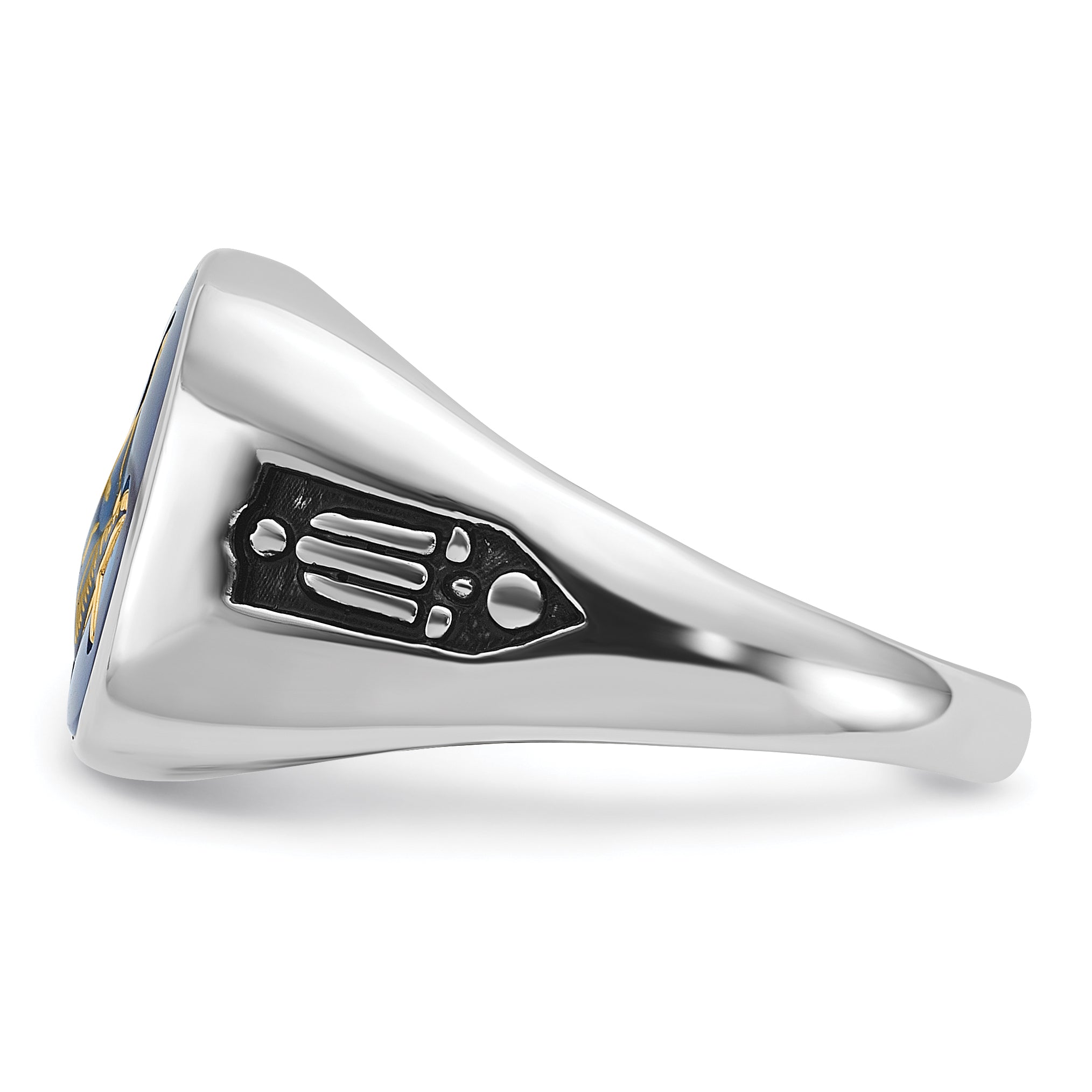 14k White Gold Men's Polished and Grooved with Black Enamel and Imitation Blue Spinel Masonic Ring