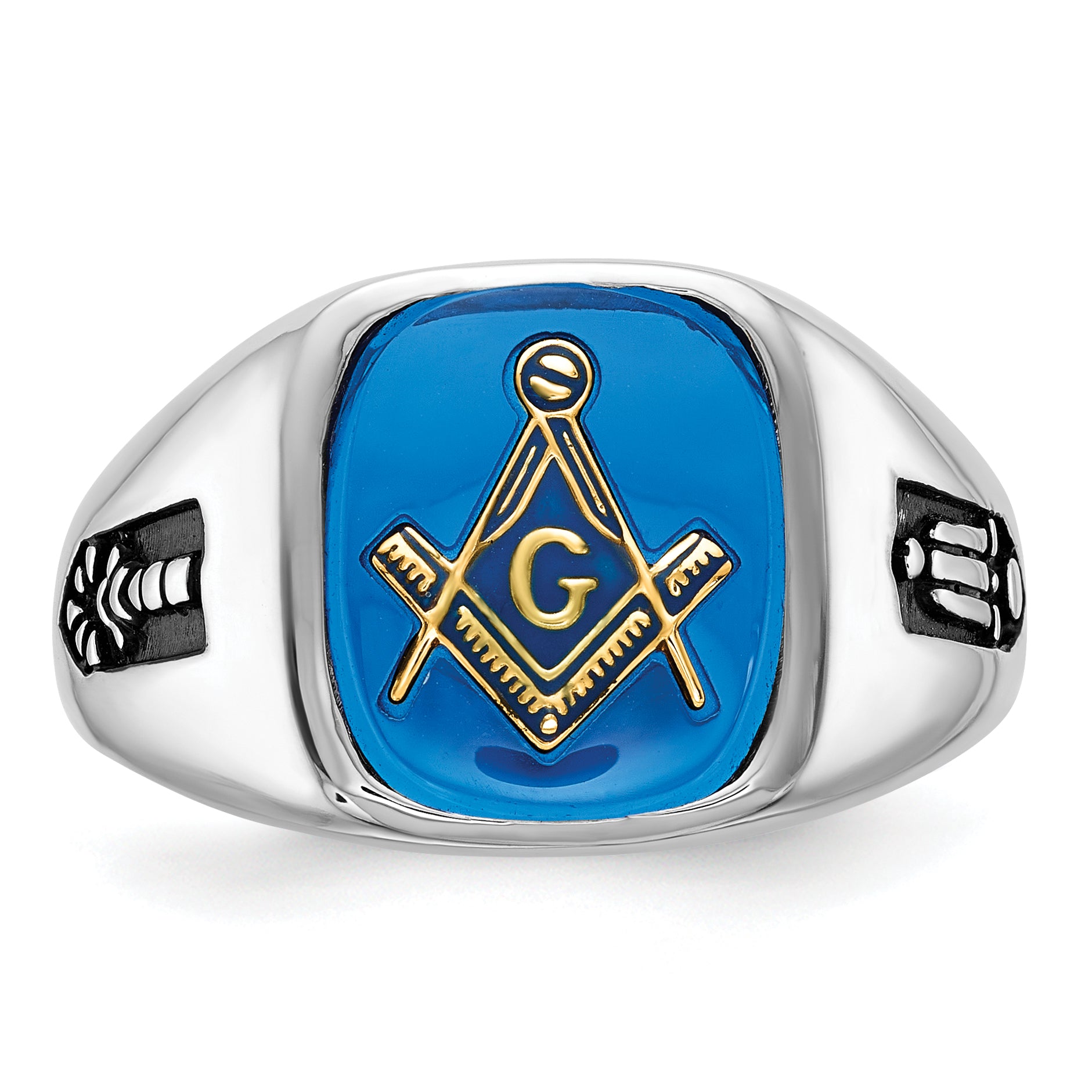 14k White Gold Men's Polished and Grooved with Black Enamel and Imitation Blue Spinel Masonic Ring