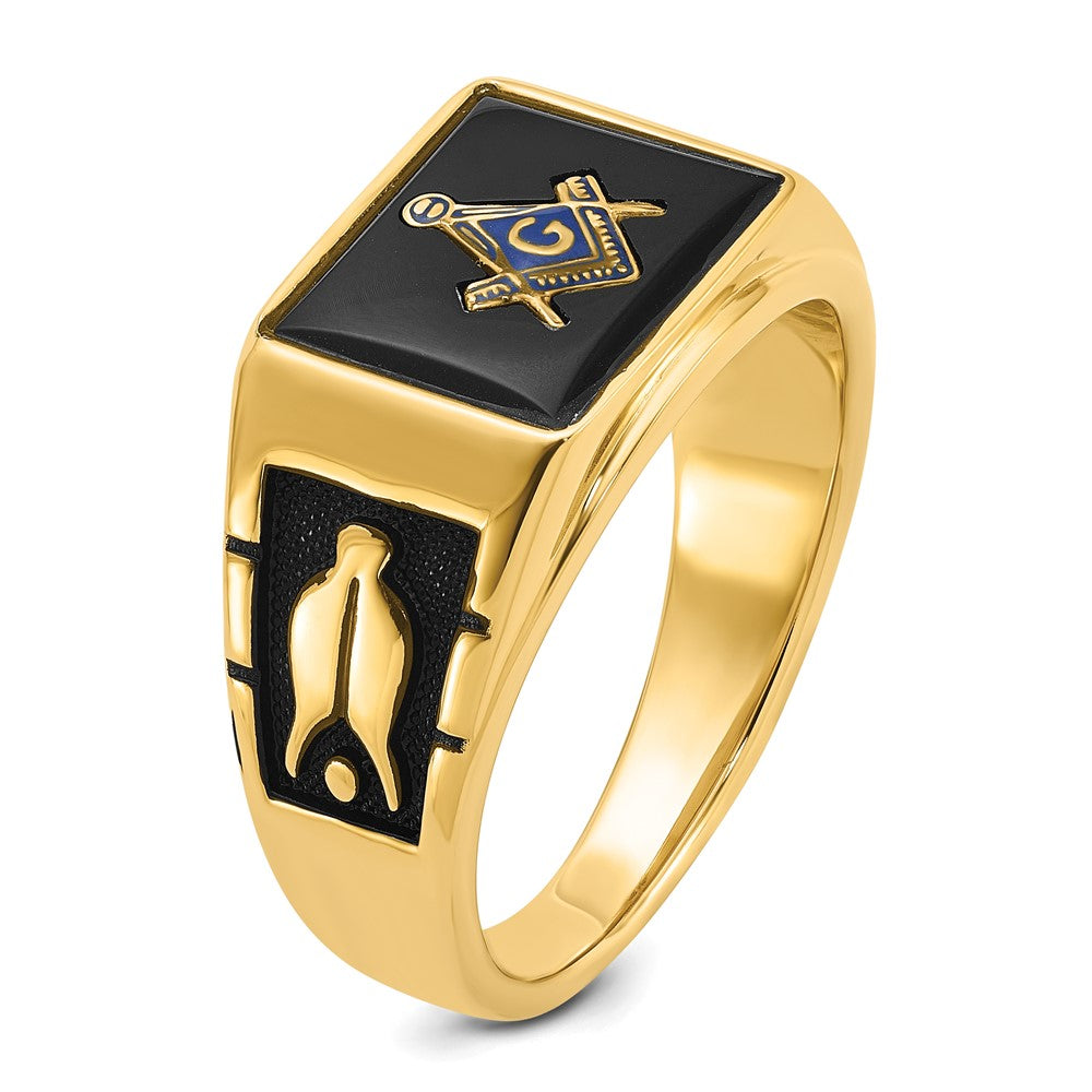 14k Men's Polished and Textured with Black Enamel and Onyx Masonic Ring