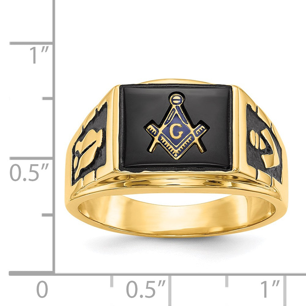 14k Men's Polished and Textured with Black Enamel and Onyx Masonic Ring