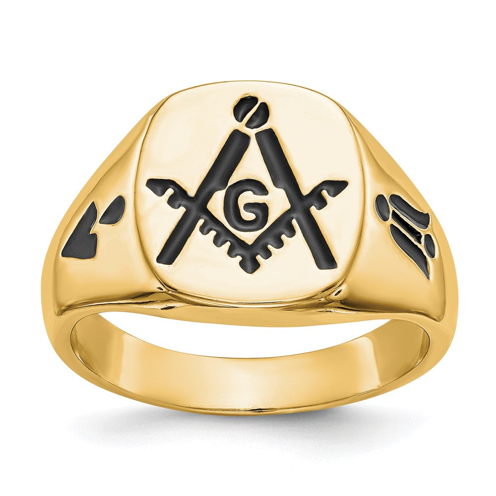 14k Men's Polished and Grooved with Black Enamel Masonic Ring