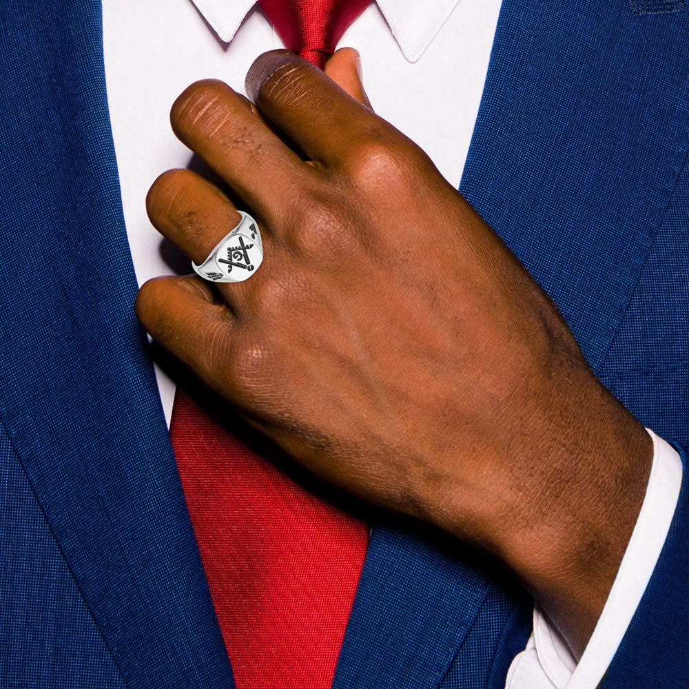 14k White Gold Men's Polished and Grooved with Black Enamel Masonic Ring