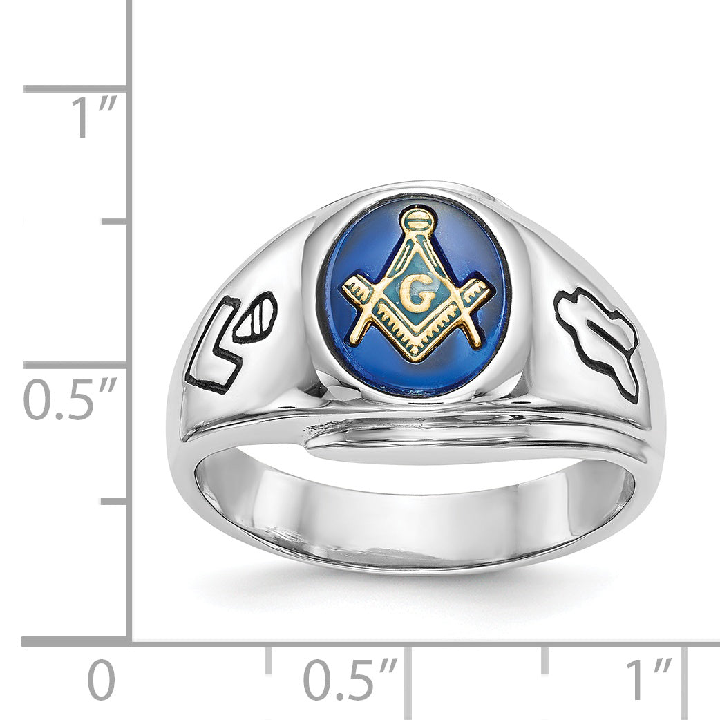 14k White Gold Men's Polished, Antiqued and Grooved with Imitation Blue Spinel Masonic Ring
