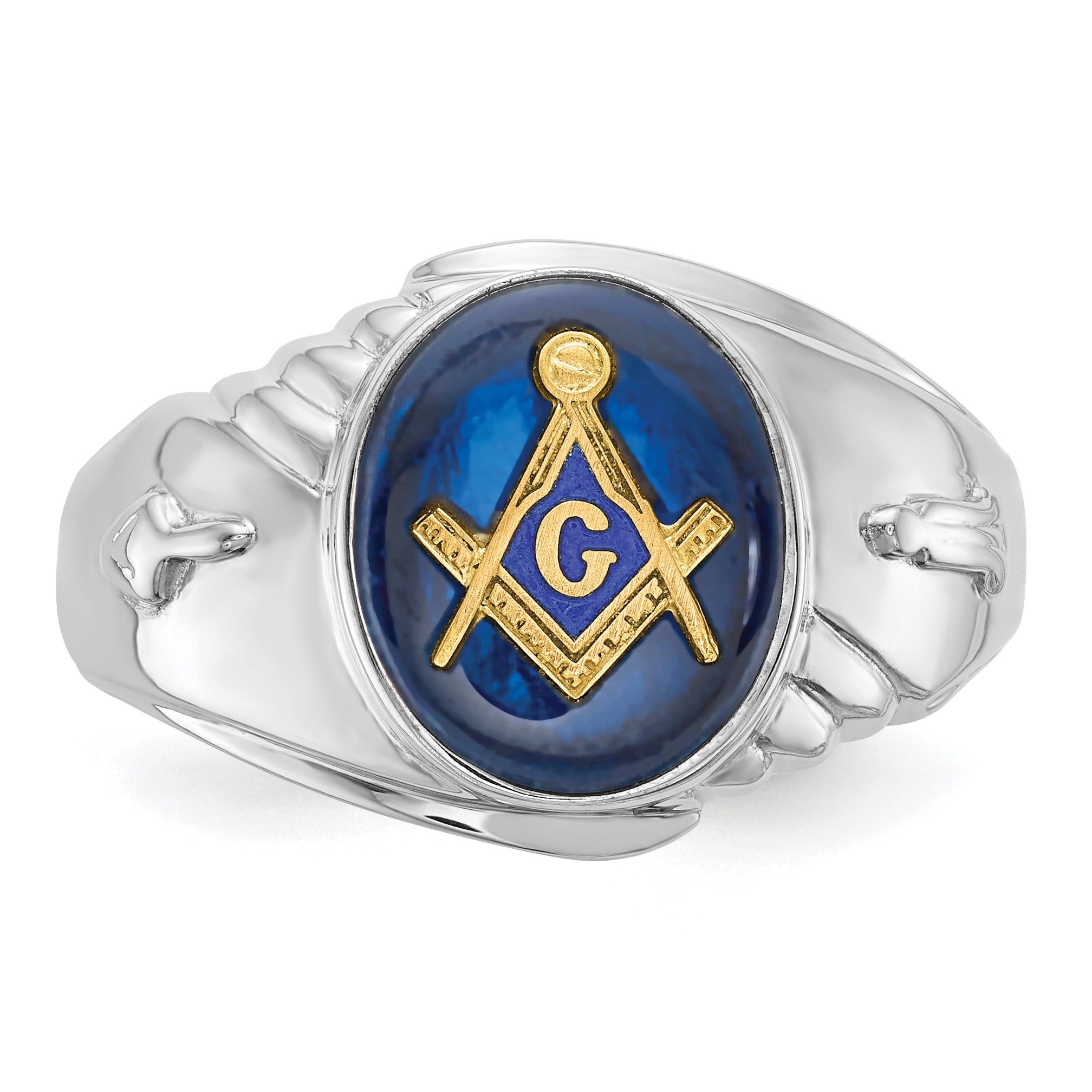 14k White Gold Men's Polished and Textured with Imitation Blue Spinel Masonic Ring