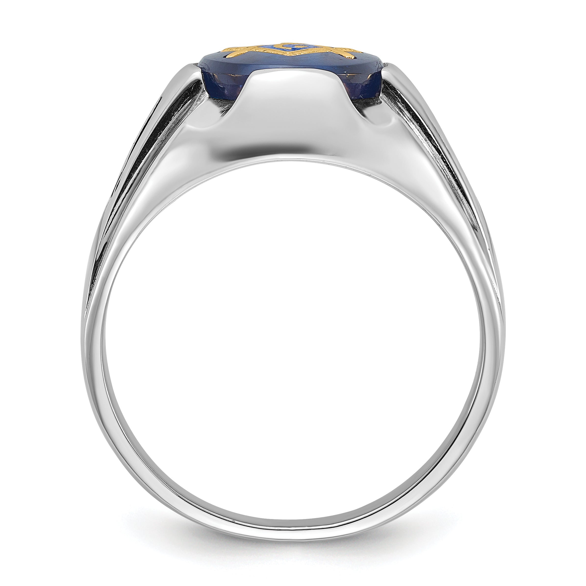 14k White Gold Men's Polished, Antiqued and Grooved with Imitation Blue Spinel Masonic Ring