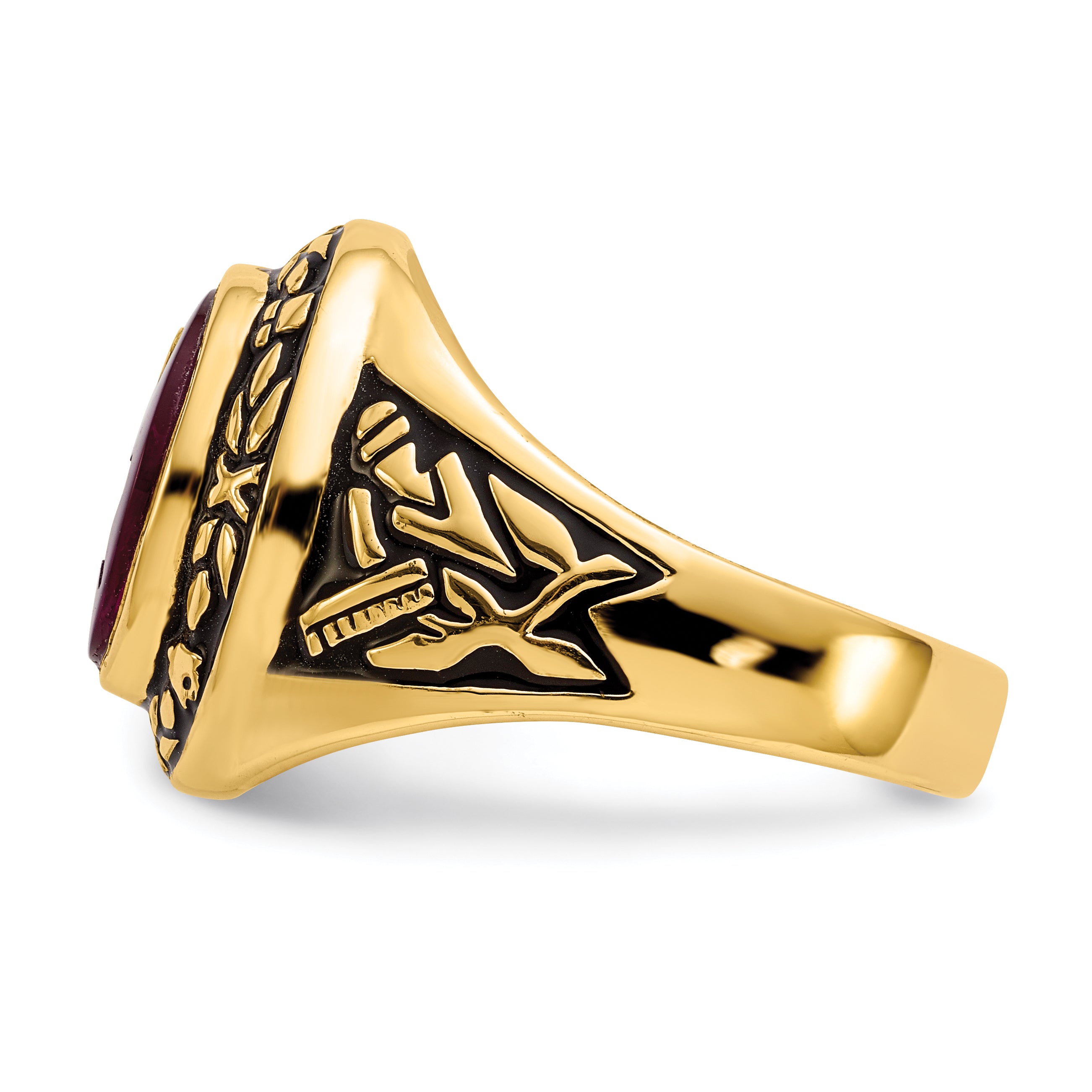 14k Men's Polished, Antiqued and Textured with Lab Created Ruby Masonic Ring