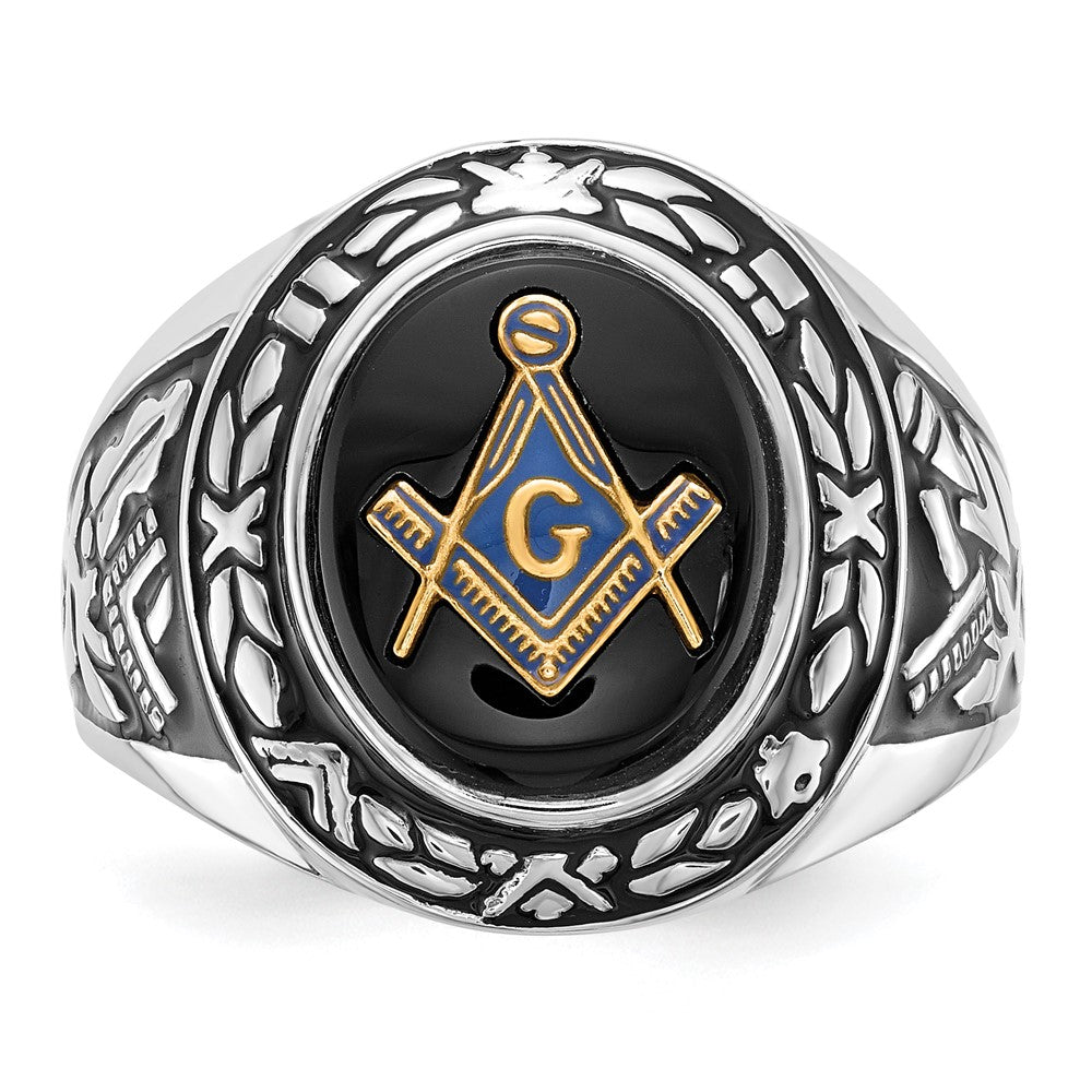 14k White Gold Men's Polished, Antiqued and Textured with Oval Onyx Masonic Ring