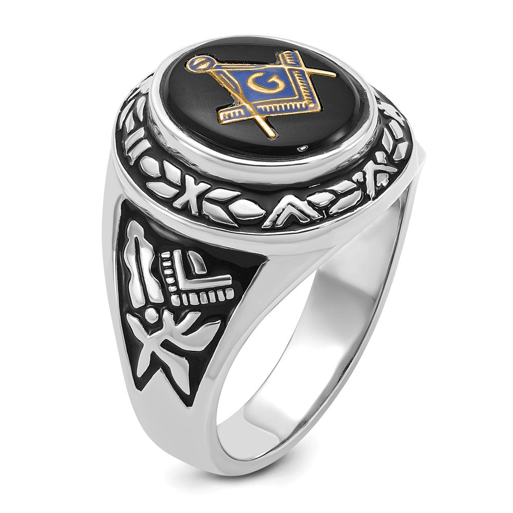 14k White Gold Men's Polished, Antiqued and Textured with Oval Onyx Masonic Ring