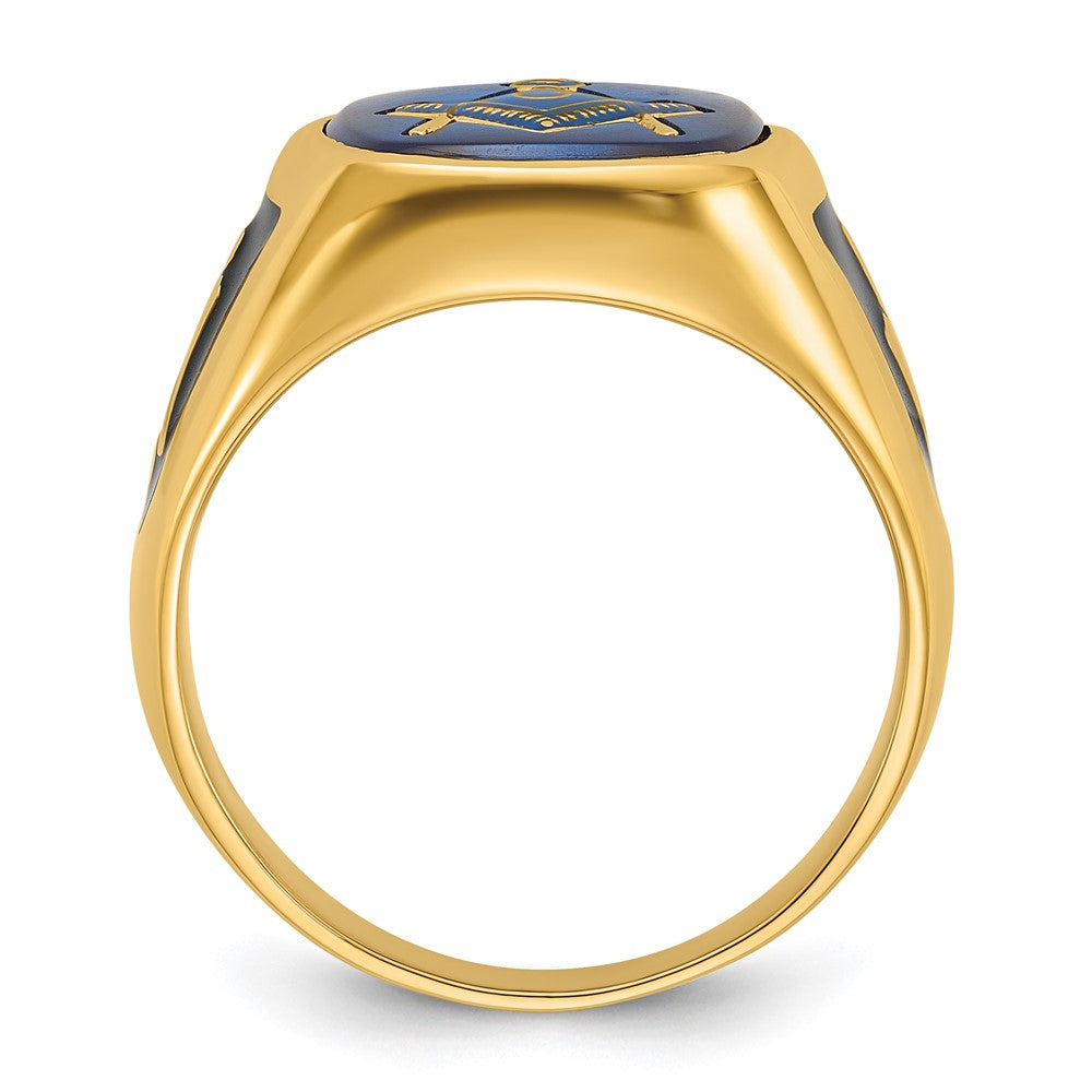 14k Men's Polished and Textured with Black Enamel and Imitation Blue Spinel Masonic Ring