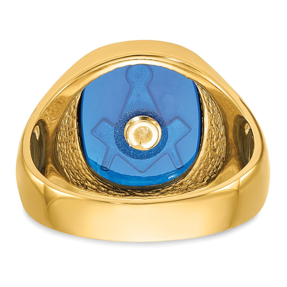 14k Men's Polished and Textured with Black Enamel and Imitation Blue Spinel Masonic Ring