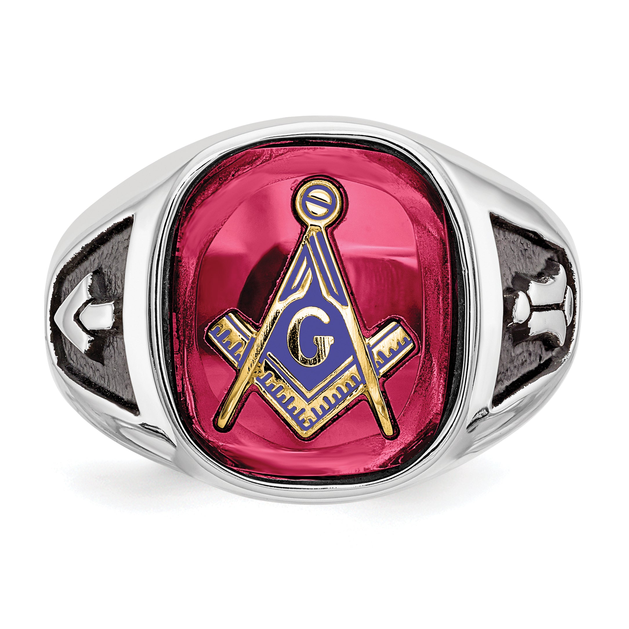 14k White Gold Men's Polished and Textured with Black Enamel and Lab Created Ruby Masonic Ring