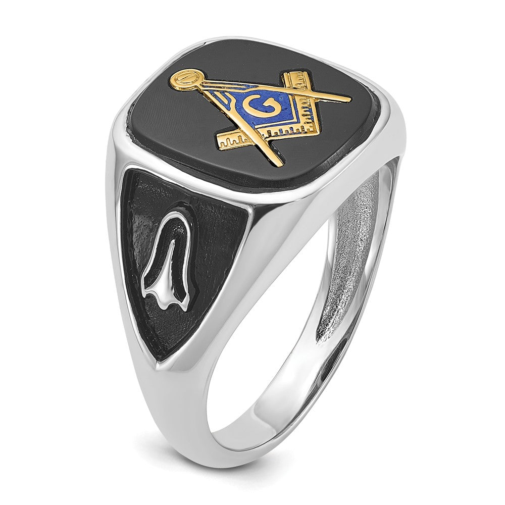 14k White Gold and Gold-plated Polished and Textured with Black Enamel and Onyx Masonic Ring