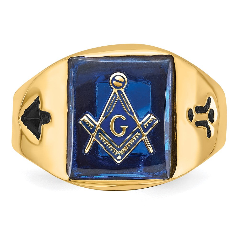 14k Men's Polished and Grooved with Black Enamel and Imitation Blue Spinel Masonic Ring
