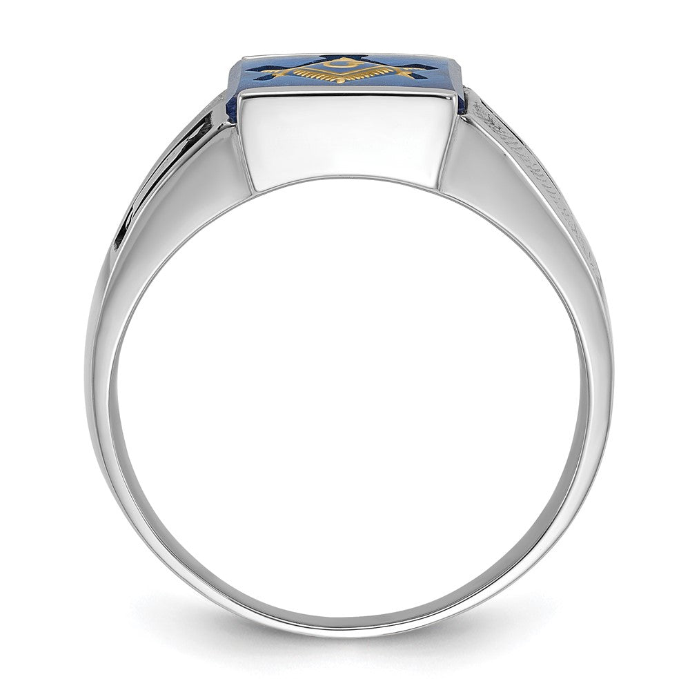 14k White Gold Men's Polished and Textured with Black Enamel and Imitation Blue Spinel Masonic Ring