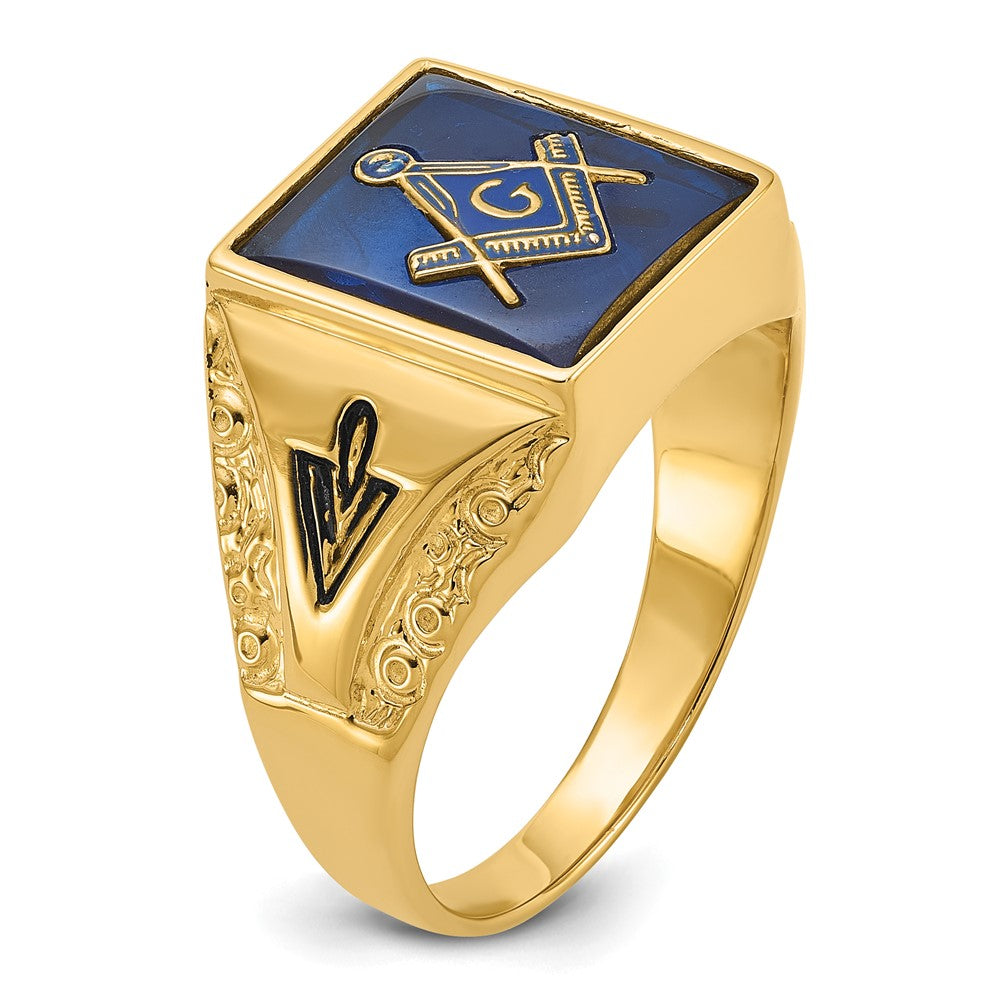 14k Men's Polished, Antiqued and Textured with Imitation Blue Spinel Masonic Ring