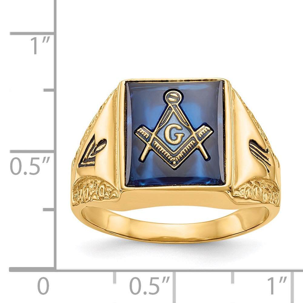 14k Men's Polished, Antiqued and Textured with Imitation Blue Spinel Masonic Ring