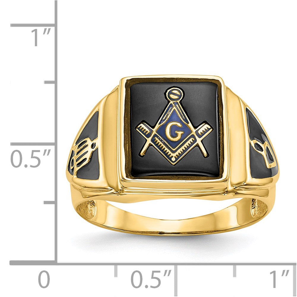 14k Men's Polished, Antiqued & Textured Onyx Masonic Ring