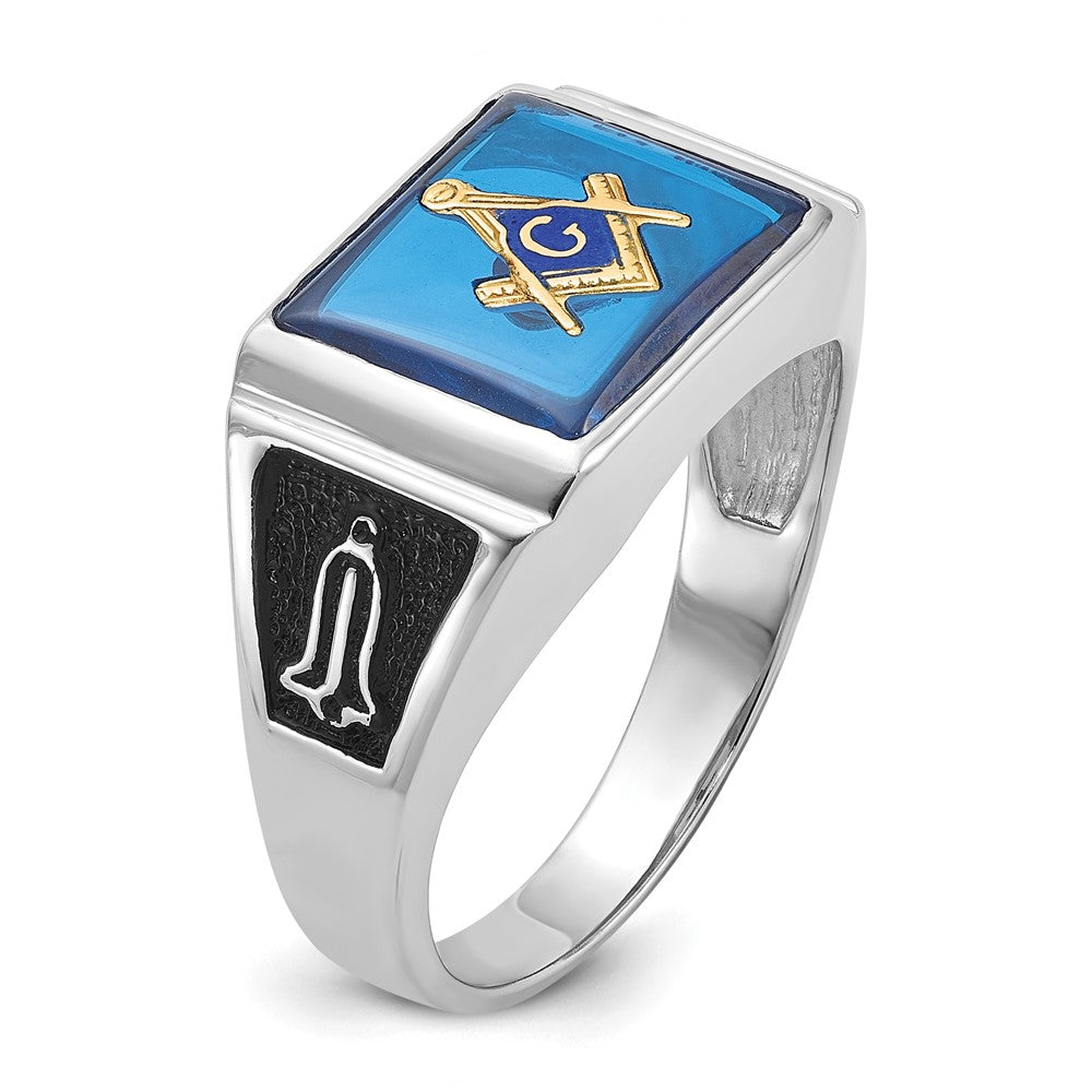 14k White Gold Men's Polished and Textured with Black Enamel and Imitation Blue Spinel Masonic Ring