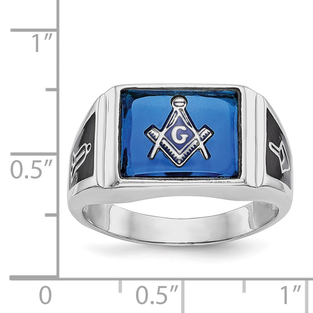 14k White Gold Men's Polished and Textured with Black Enamel and Imitation Blue Spinel Masonic Ring