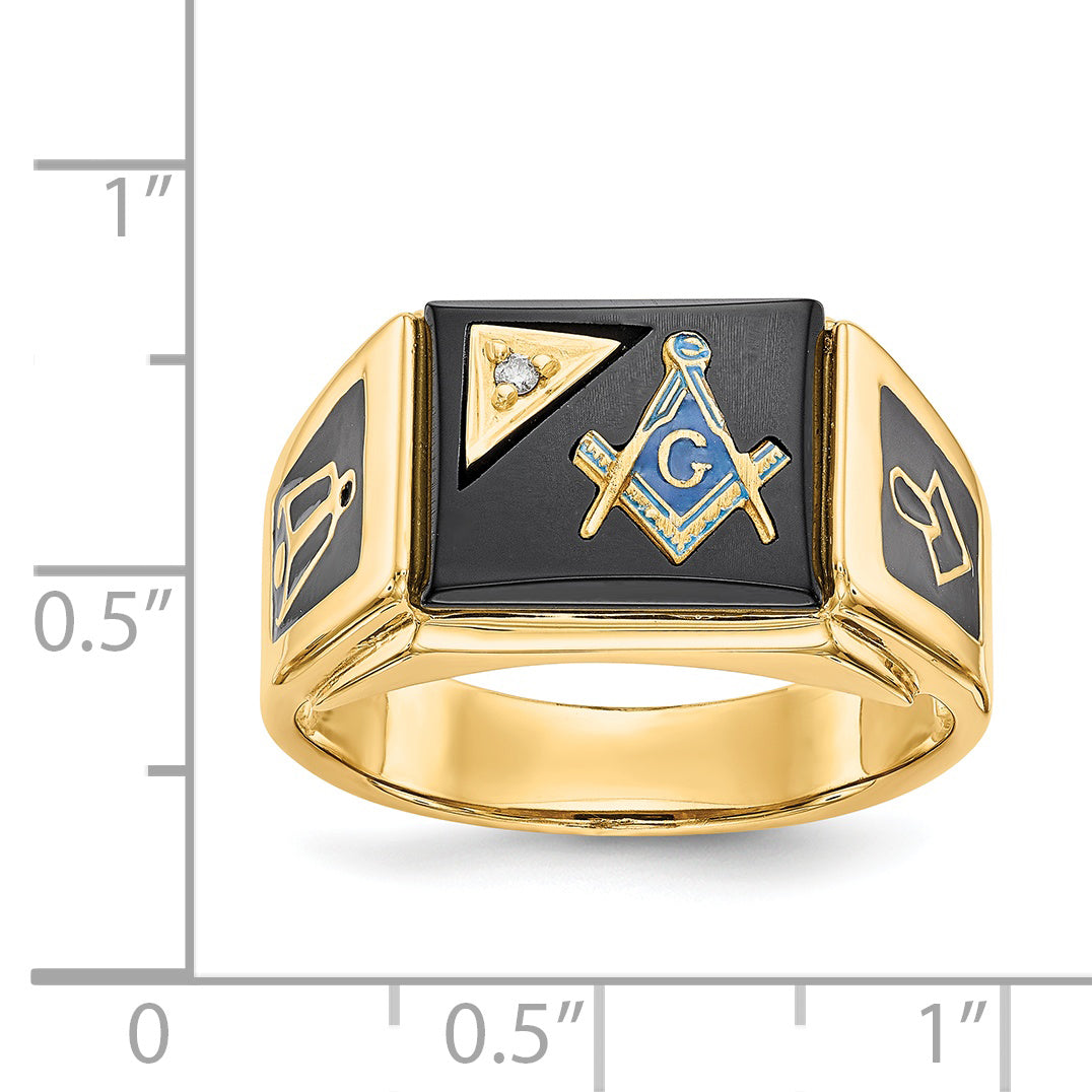 14k Men's Polished and Textured with Black Enamel, Onyx and AA Quality Diamond Masonic Ring