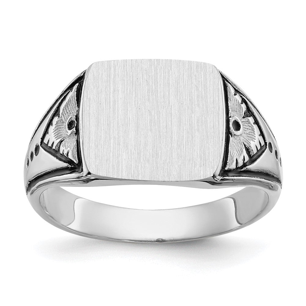 14k White Gold 11.0x11.5mm Closed Back Antiqued Men's Signet Ring