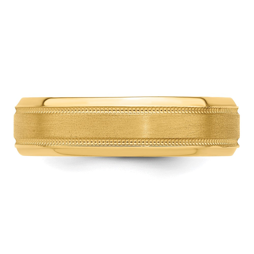 14k Yellow Gold 6mm Lightweight Comfort Fit Brushed Satin/Polished Milgrain Grooved Edge Wedding Band Size 7.5