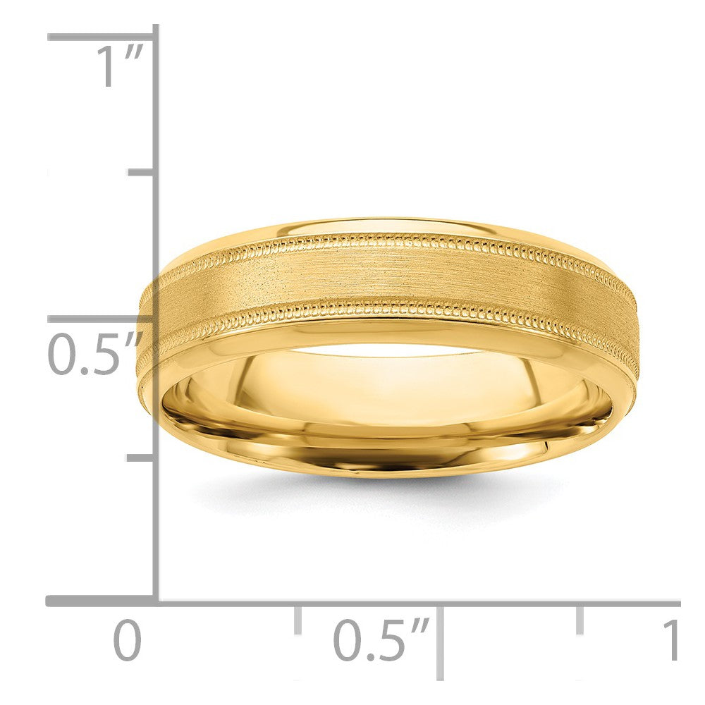 14k Yellow Gold 6mm Lightweight Comfort Fit Brushed Satin/Polished Milgrain Grooved Edge Wedding Band Size 7.5