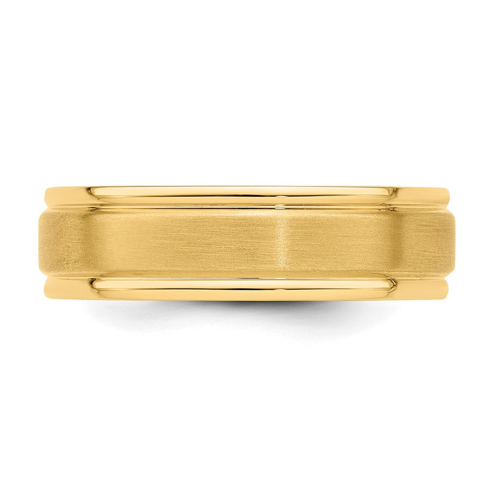 14k Yellow Gold 6mm Lightweight Comfort Fit Brushed Satin/Polished Grooved Edge Wedding Band Size 12