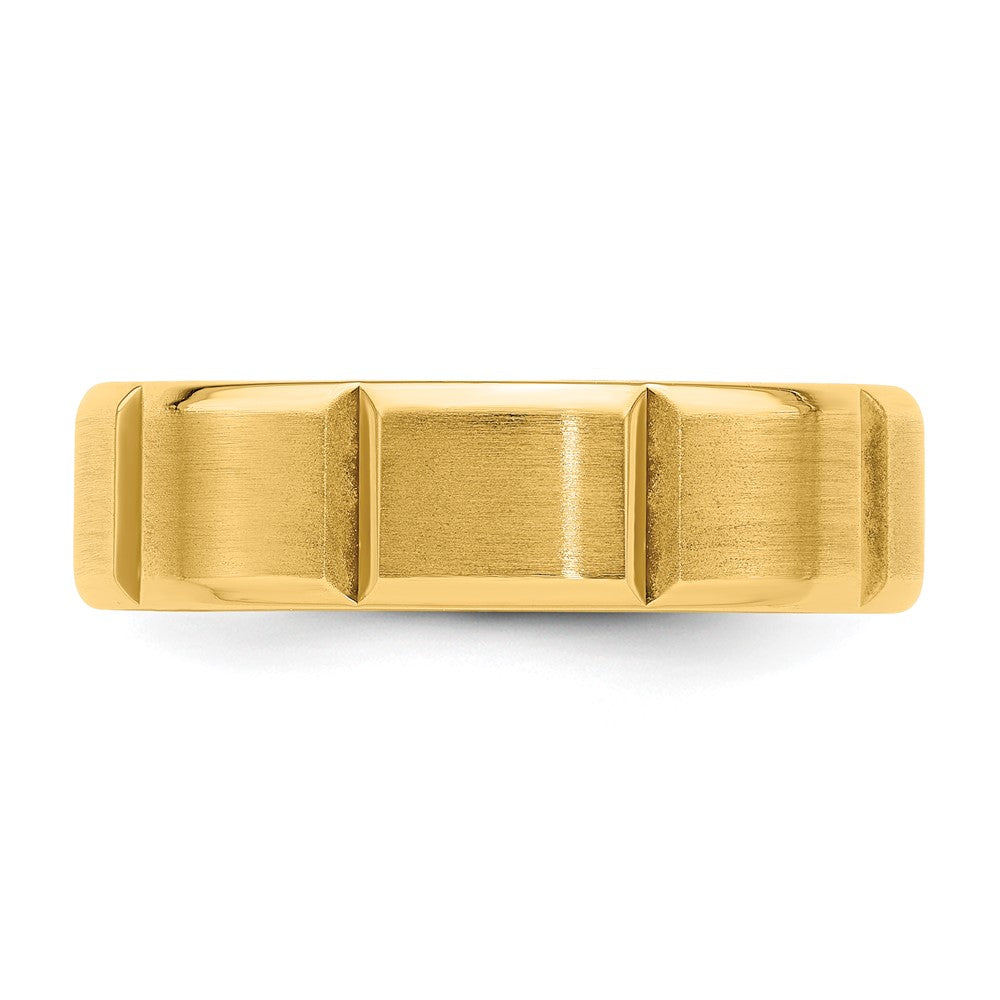 14k Yellow Gold 6mm Lightweight Comfort Fit Brushed/Polished Beveled Edge with Vertical Lines Wedding Band Size 7.5