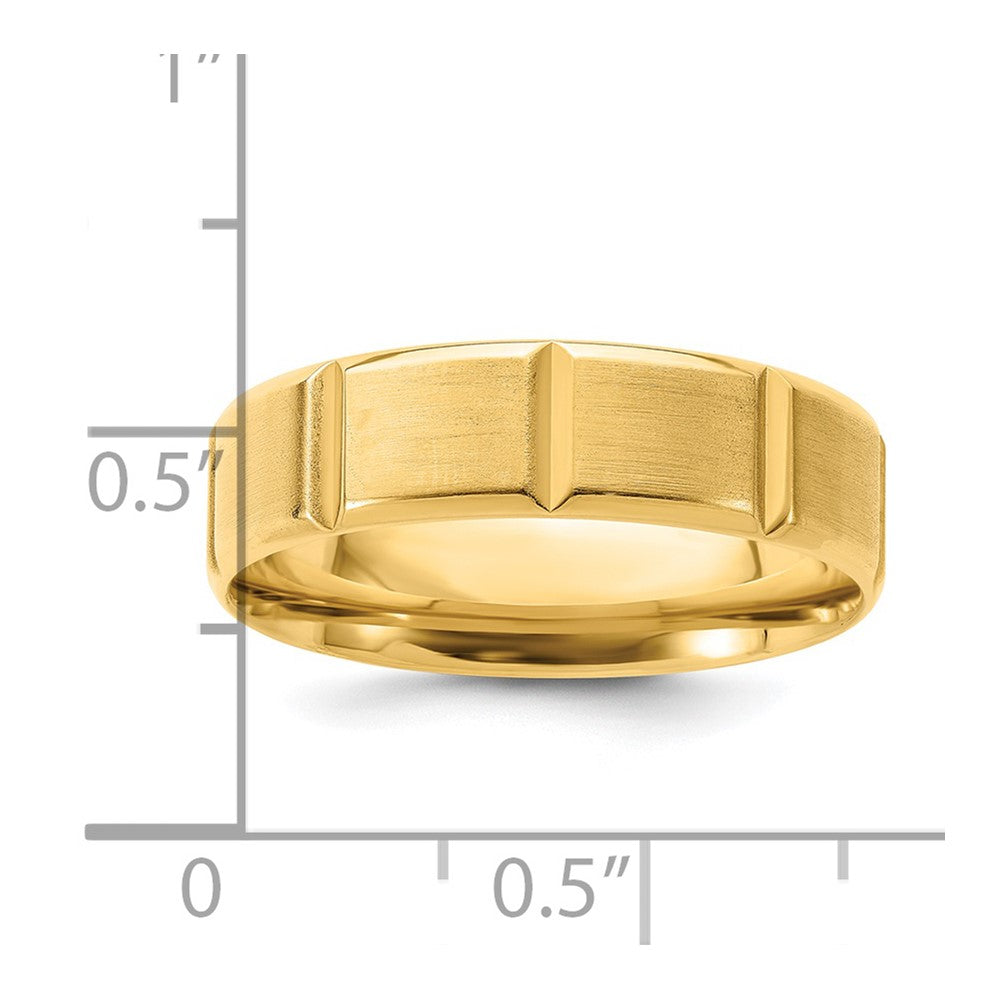 14k Yellow Gold 6mm Lightweight Comfort Fit Brushed/Polished Beveled Edge with Vertical Lines Wedding Band Size 10.5