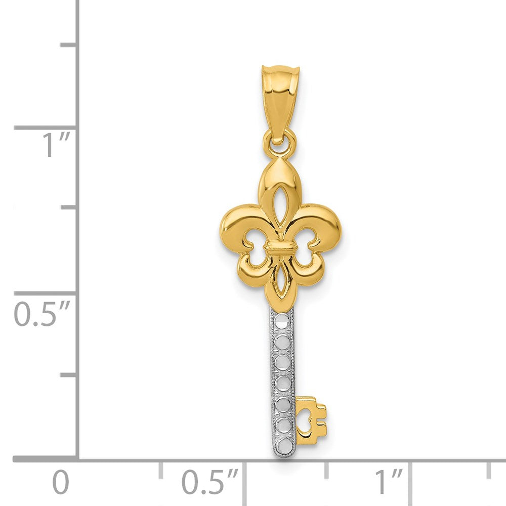 14K w/ White Rhodium Polished Fleur De Lis Key Charm