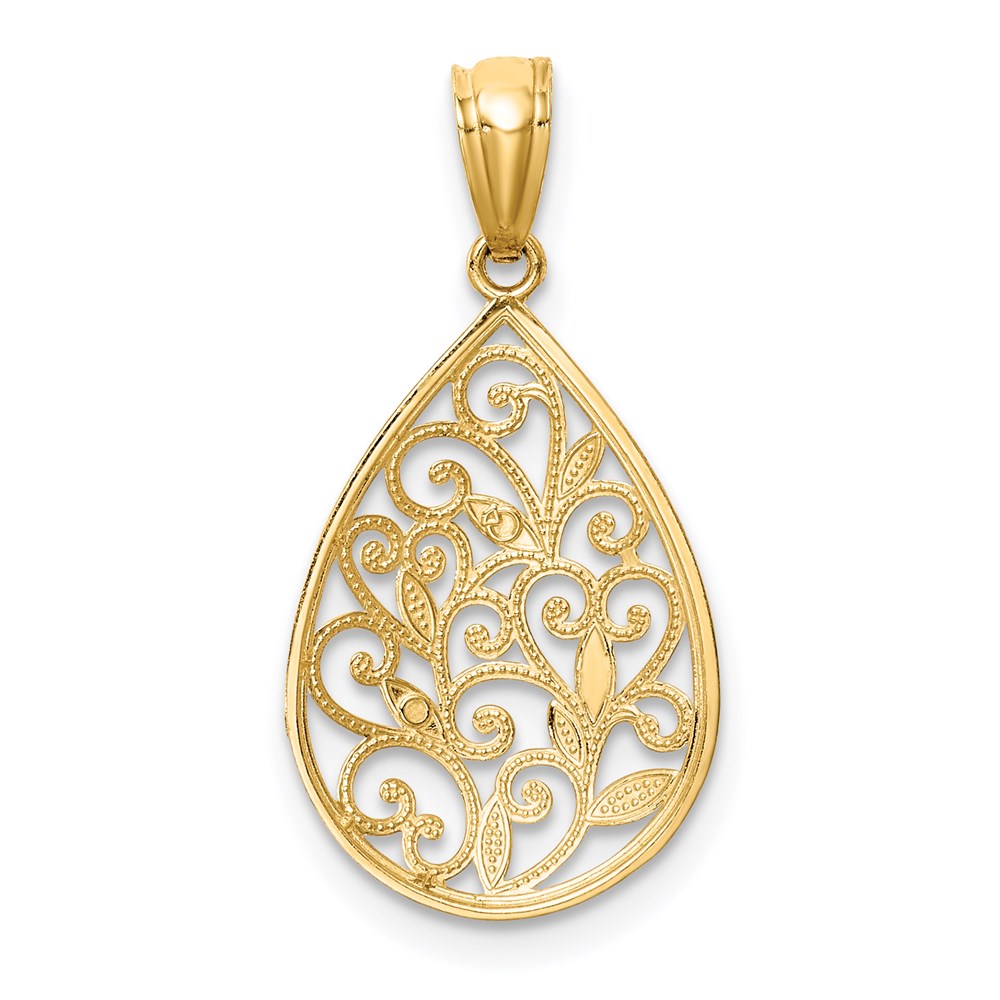 14K Gold Polished and Textured Small Filigree Teardrop Pendant