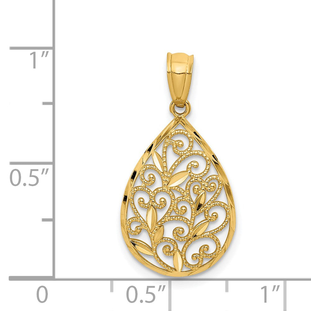 14K Gold Polished and Textured Small Filigree Teardrop Pendant