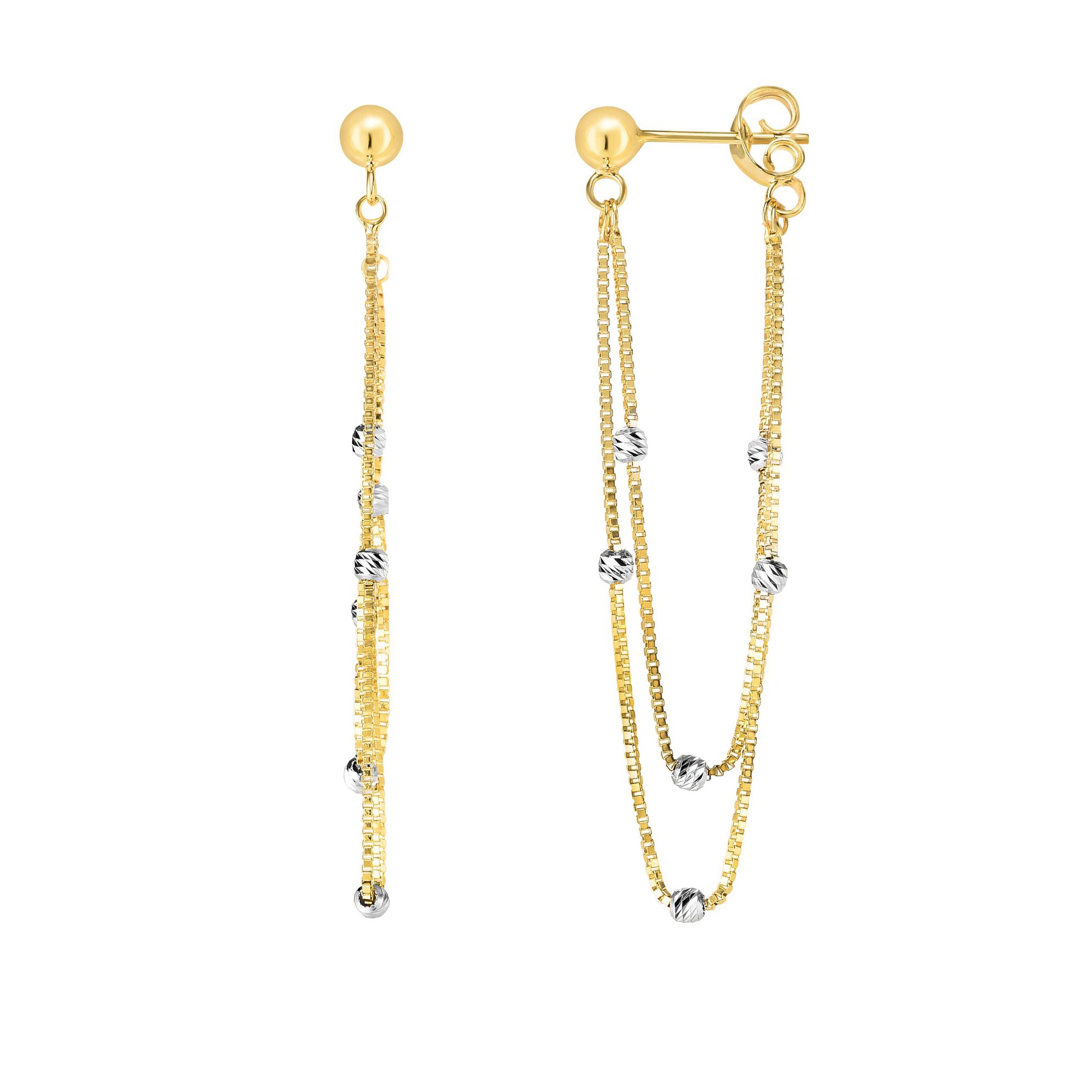 14K Yellow & White Gold Chain & Bead Station Front To Back Drop Earring