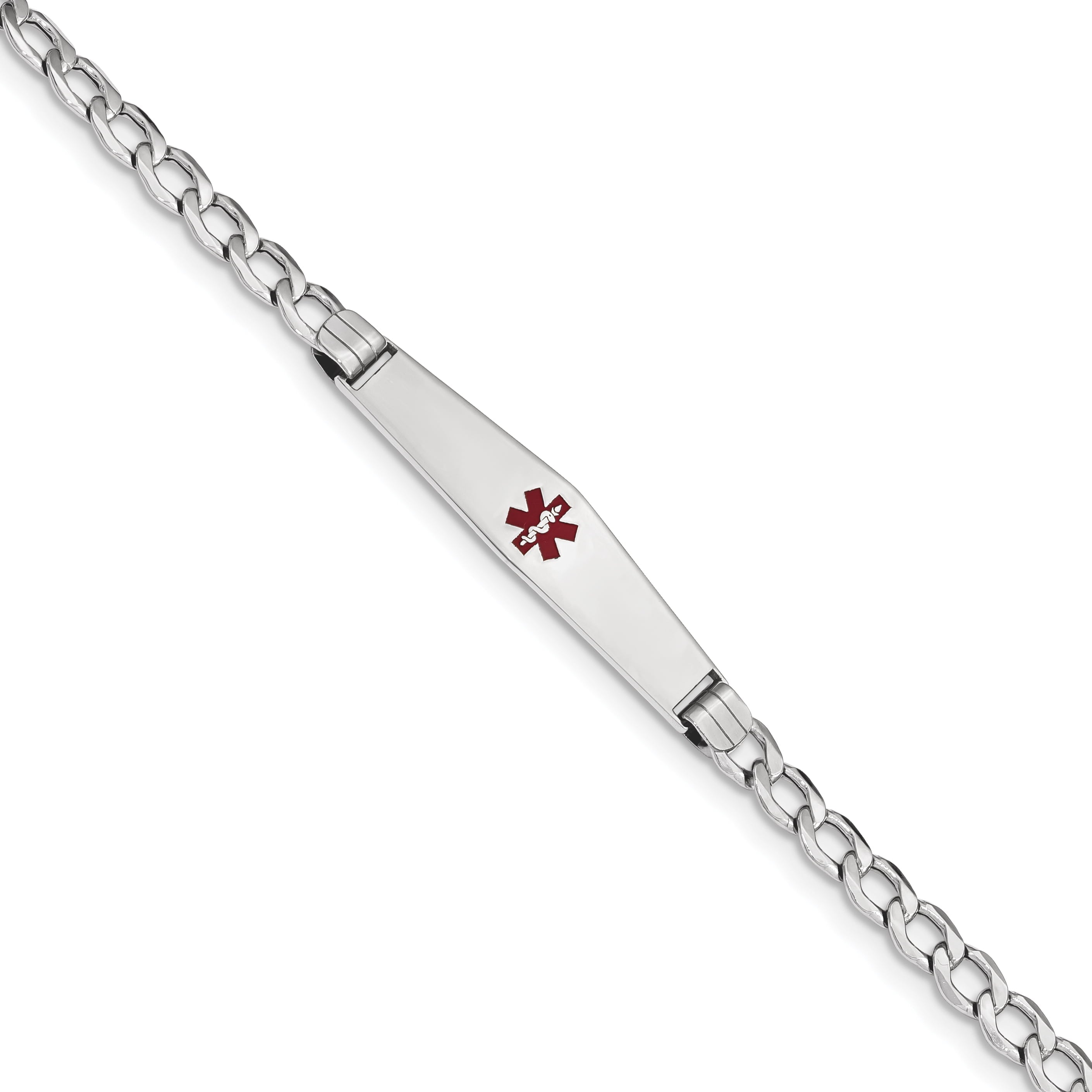 14K Wg Semi-Solid Medical Soft Diamond Shape Red Enamel Curb Id Bracelet