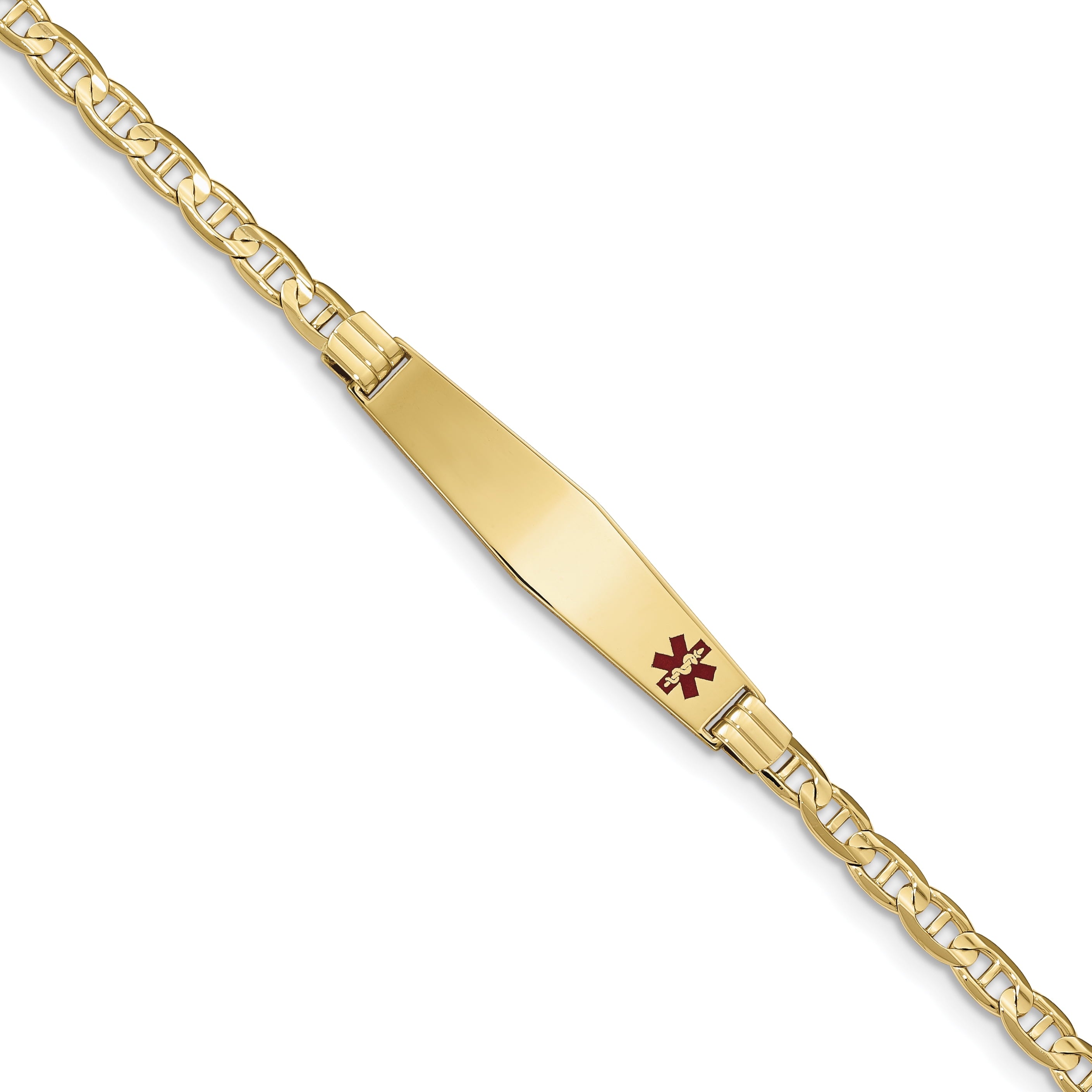 14K Medical Soft Diamond Shape Red Enamel Anchor Link Id Bracelet