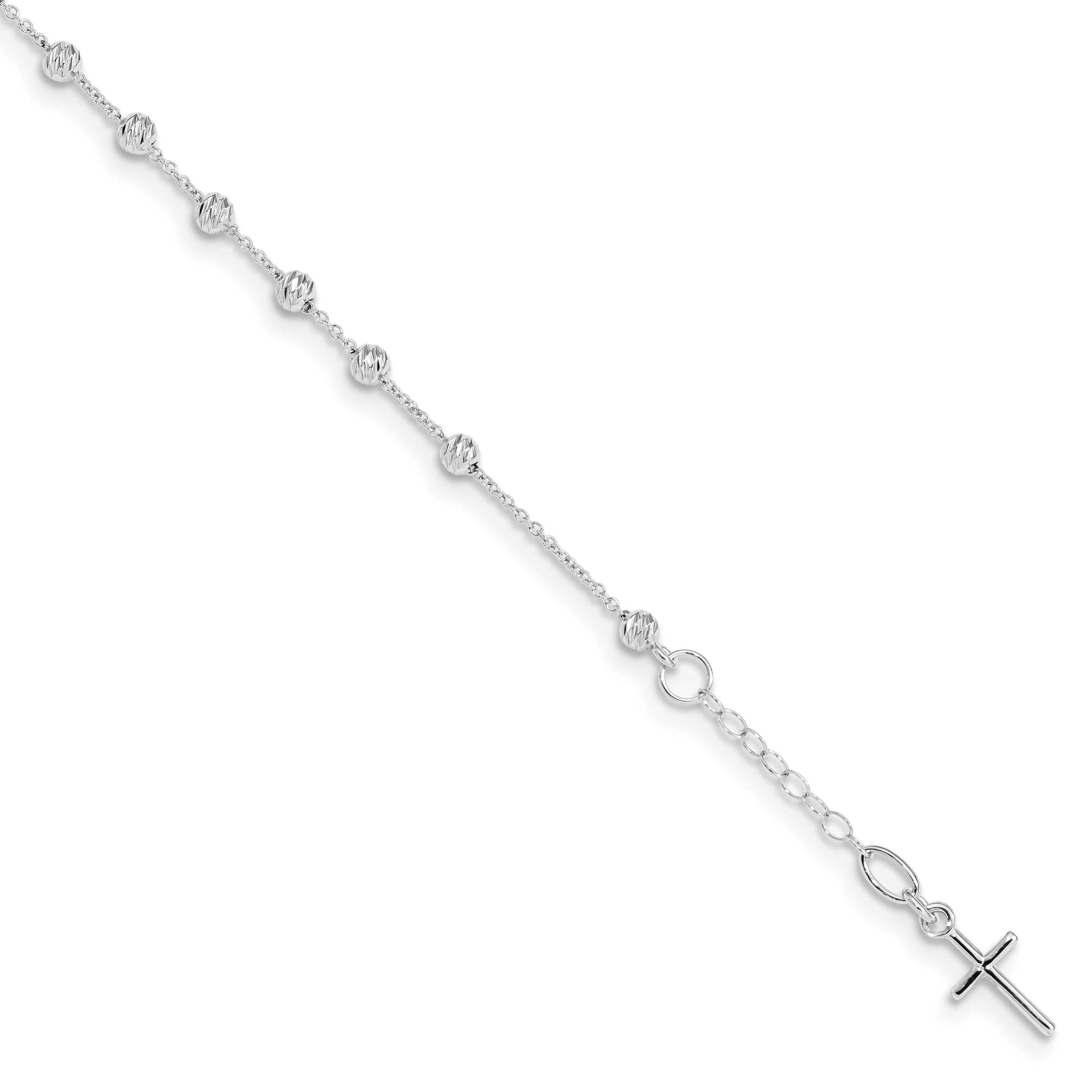 14K White Gold D/C Cross And Miraculous Medal .75In Ext. Bracelet
